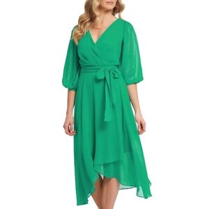 DKNY 3/4 Sleeve Chiffon Green Apple Faux Wrap Dress With Tie Belt Size 8 NWT